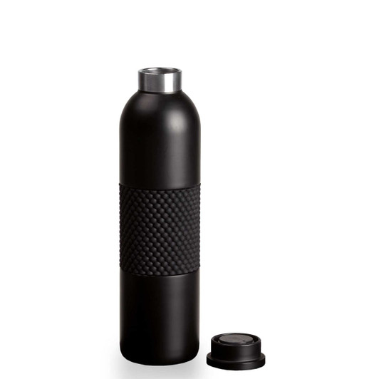 A drink bottle in matte black with a textured grip section and a removable lid. Features a sleek, modern design.