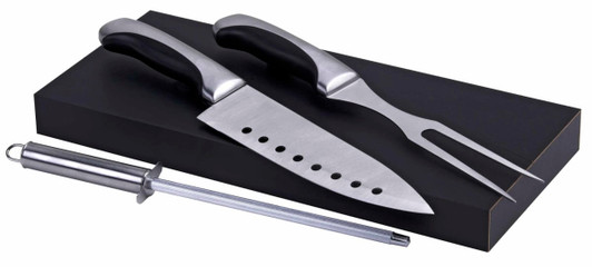 A stainless steel carving set featuring a knife, fork, and honing steel on a black wooden base.