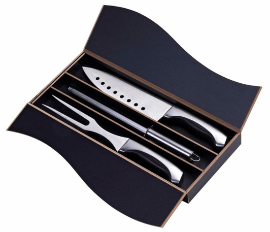 A carving set featuring a knife and fork with stainless steel blades and black handles, presented in a sleek black box.