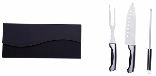 A carving set featuring a chef's knife, carving fork, honing steel, and a sleek black storage box.
