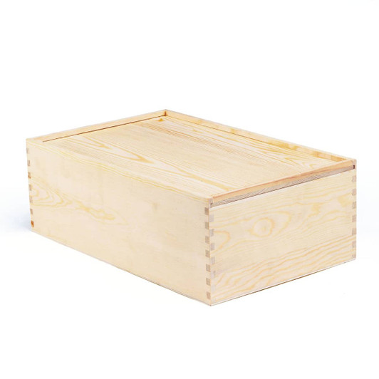 A wooden garden box with a simple design and a natural finish, featuring dovetail joints.