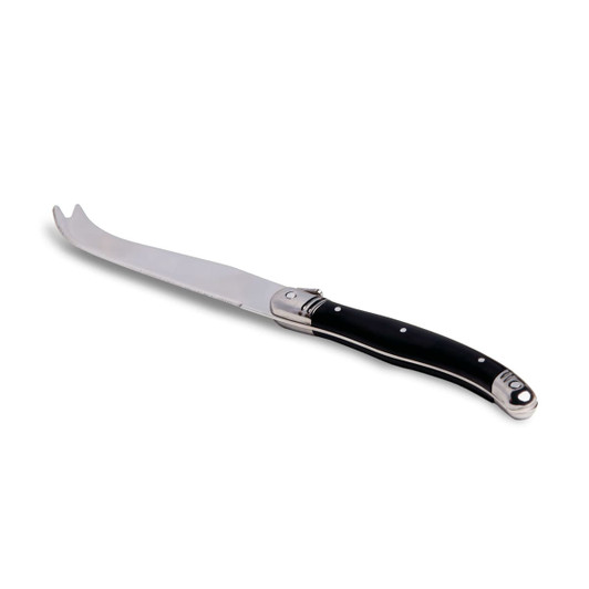 A Fetta cheese knife with a stainless steel blade and a black handle, featuring a logo on the bolster.