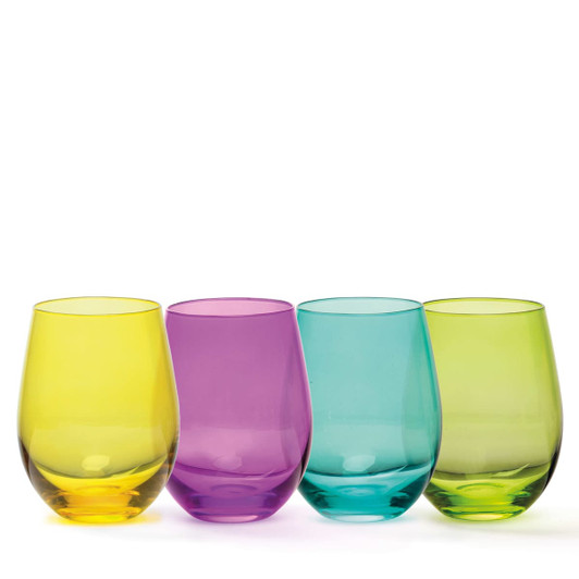 A set of four wine glasses in yellow, purple, turquoise, and green, featuring a smooth, curved design.