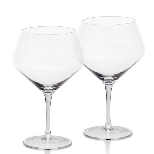 A glass set featuring two clear, stemmed wine glasses with a wide bowl design.