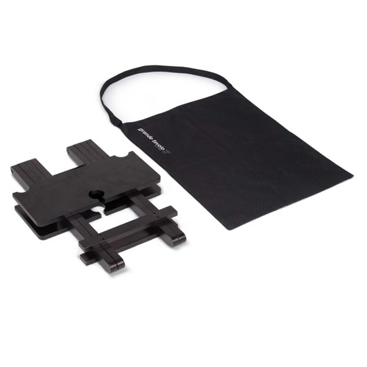 A black folding table with a carrying bag, featuring a sleek design suitable for leisure and outdoor use.