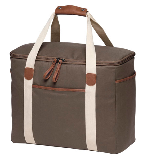 A cooler bag in olive green with cream straps and leather accents, featuring zippers and a front pocket.