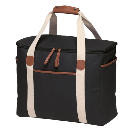 A black cooler bag with tan accents and two carrying straps, featuring front zip and pocket details.