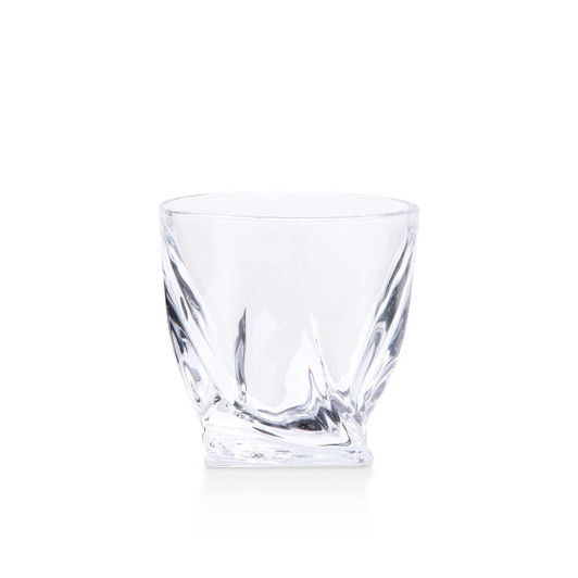 A clear, twisted whisky glass featuring an elegant design and a smooth finish.