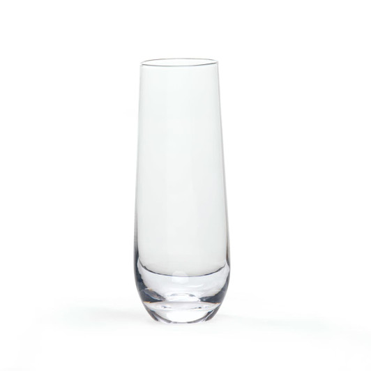 A clear stemless champagne flute with a sleek, modern design and a rounded base.