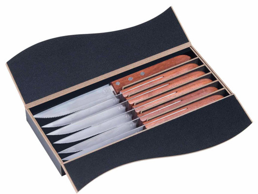 A steak knife set featuring six stainless steel knives with wooden handles, presented in a stylish black box.