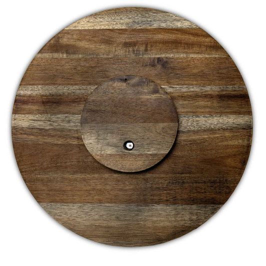 A round wooden Lazy Susan with a smooth, natural finish and a central turning mechanism.