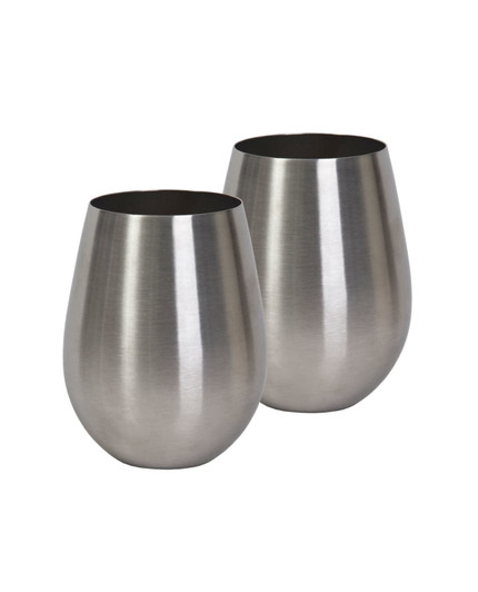 A set of two stemless stainless steel wine glasses with a brushed metallic finish.