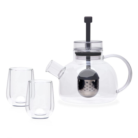 A clear glass teapot with a mesh infuser and two matching glass cups. The design is sleek and modern.