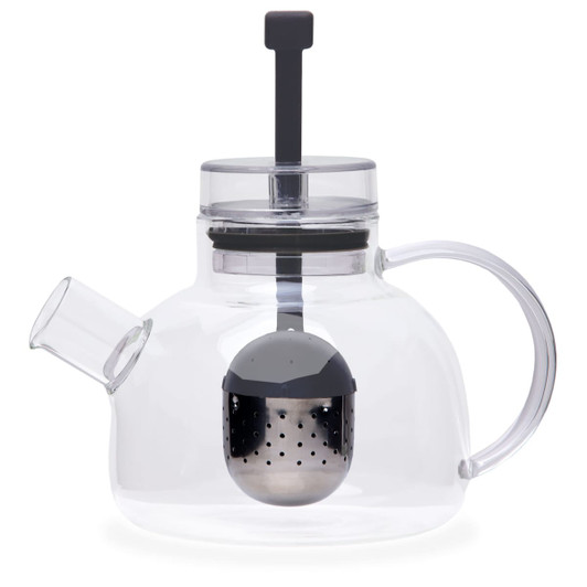 A clear glass teapot with a black infuser and a transparent lid, perfect for tea brewing.