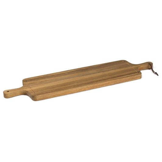 A wooden tapas serving board in a light brown tone with handles on either end.