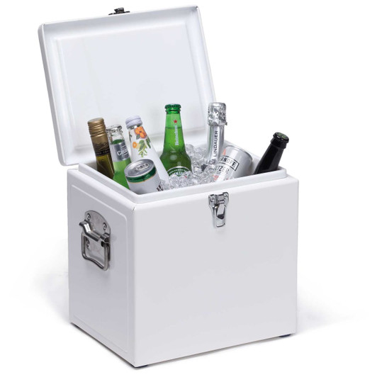 A vintage white cooler box filled with various drinks and ice, featuring a metal latch and handle.