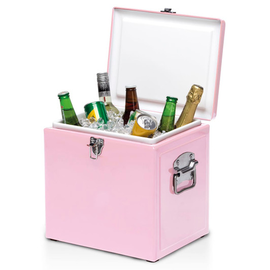 A pink vintage cooler box filled with various drinks and ice, featuring a silver handle and a metal latch.