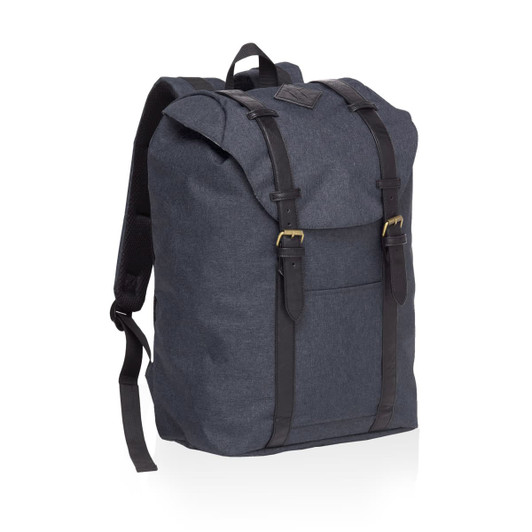 A dark grey front-side backpack with black straps and a flap closure, featuring a logo on the front.