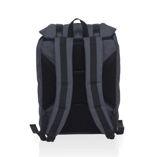 A grey front-side backpack with padded shoulder straps and mesh detailing on the back. It features a logo.