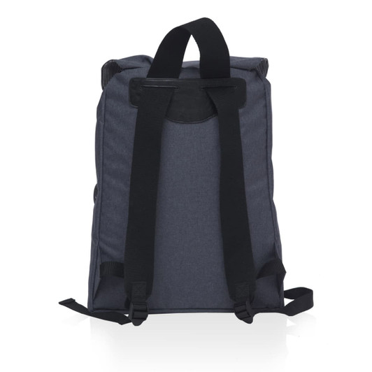 A grey backpack with black straps and a logo on the back.