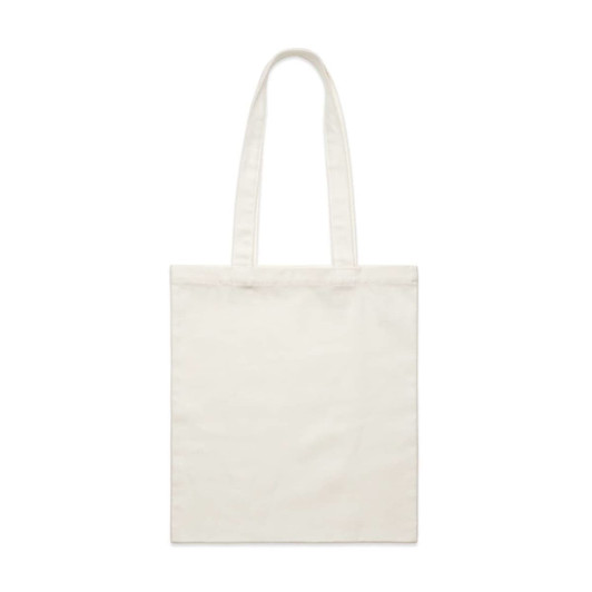 A cream tote bag with long handles, featuring a simple design and branded logo.