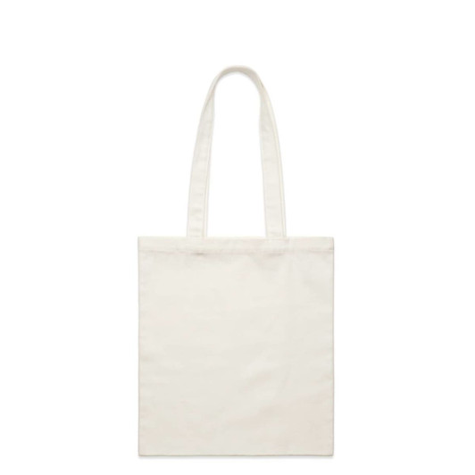 A plain white tote bag with long handles and no visible logo or branding.