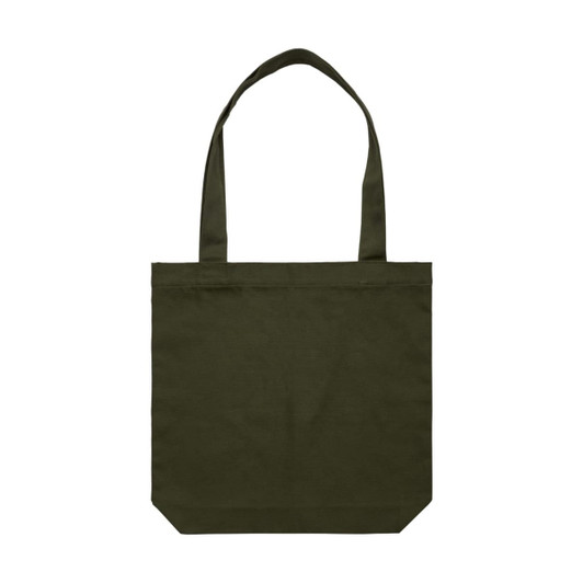 A green tote bag with long handles and a simple design, featuring a logo on the front.