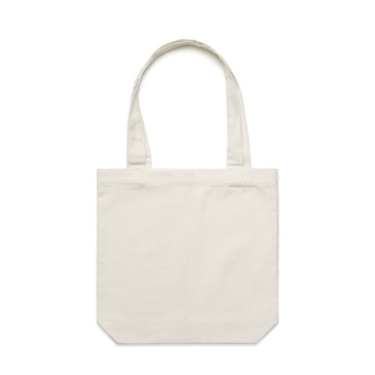 A cream tote bag with two shoulder straps and a simple design. The bag features a logo on one side.