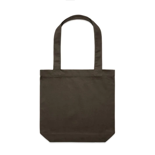 A dark brown tote bag featuring two shoulder straps and a simple design, with a logo on one side.