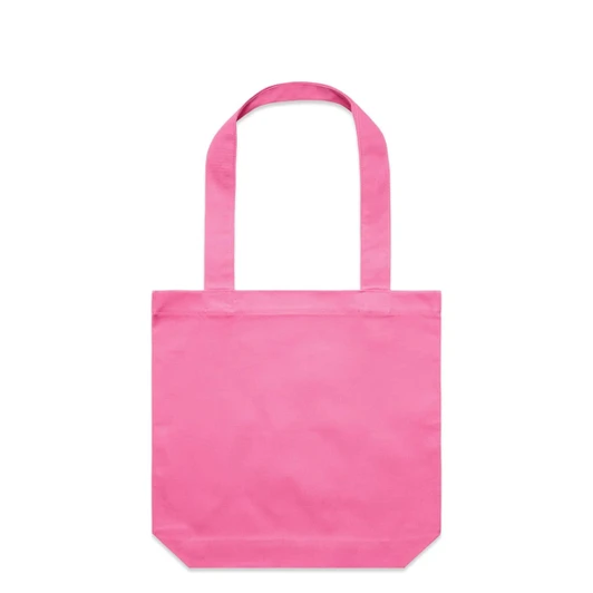 A pink tote bag with two handles and a square base. The bag has a simple design and includes a logo.