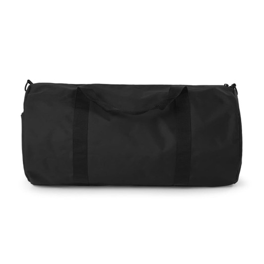A black duffel bag with sturdy straps and a zippered closure, featuring a logo.