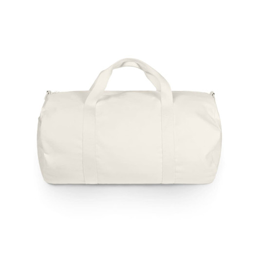 A cream canvas duffel bag with dual handles and a zip closure, featuring a logo on the side.