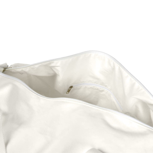 A white canvas duffel bag with a spacious interior and a small zipped pocket. It features a logo.