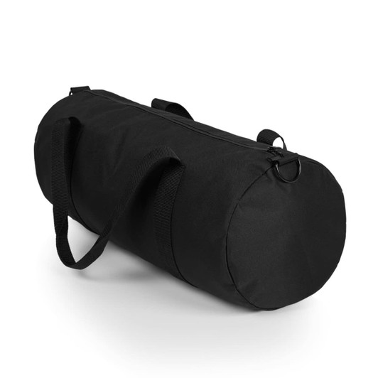 A black gym duffel bag with a cylindrical shape, featuring shoulder straps and a zipper closure.