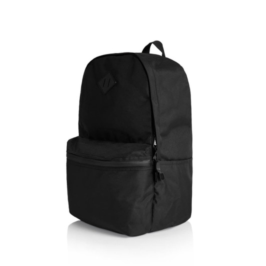A black backpack featuring a zippered front pocket and a logo on the front.