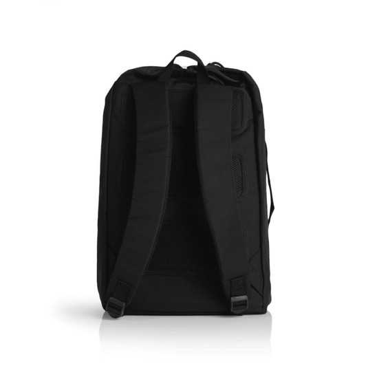 A black recycled rucksack featuring padded straps and a textured back for comfort, with an identifiable logo.