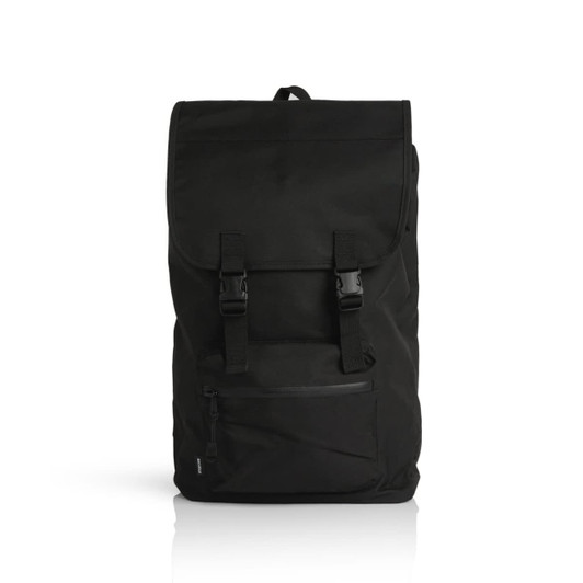 A black recycled field backpack with a flap closure and front zip pocket, featuring adjustable straps and a logo.