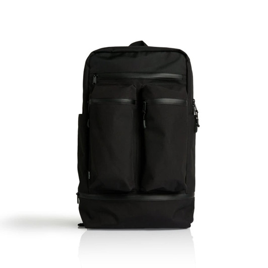 A black recycled travel backpack featuring two front pockets and a branding logo.