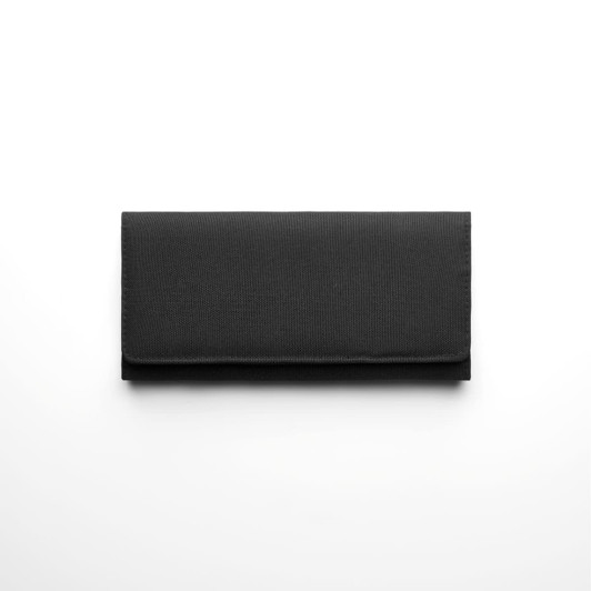 A black recycled long wallet with a simple design, featuring a logo on the surface.