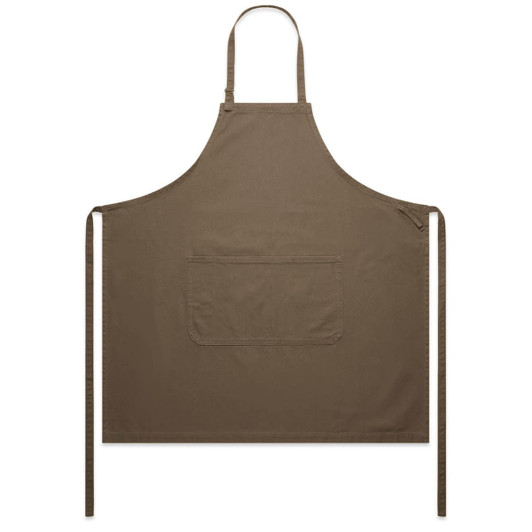A brown canvas apron with a pocket and waist ties, featuring a branding logo.