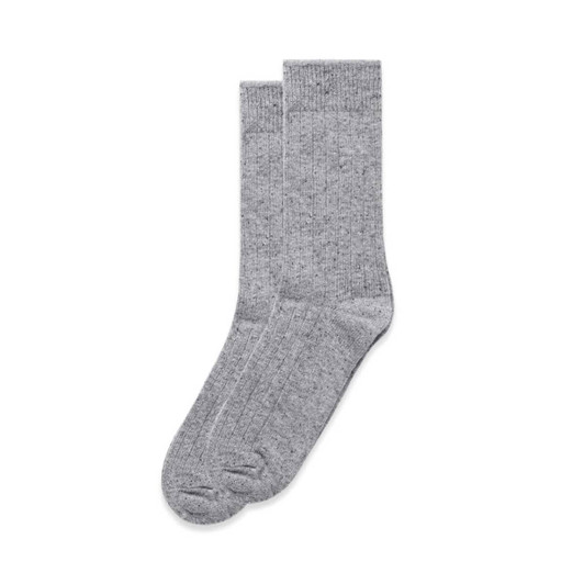 Two pairs of grey speckle socks, featuring a ribbed texture and finished with a small logo.