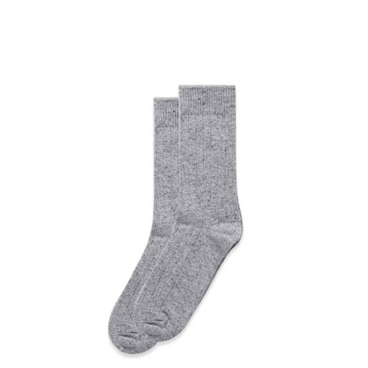 Two pairs of speckled grey socks in a ribbed pattern, displayed side by side.