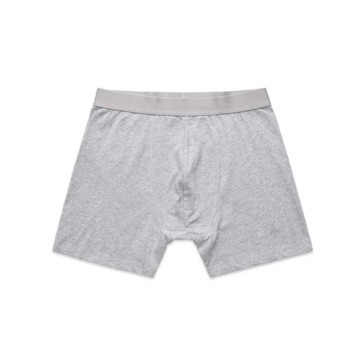 A pair of grey trunks with a soft waistband and a simple design. Features a logo on the waistband.