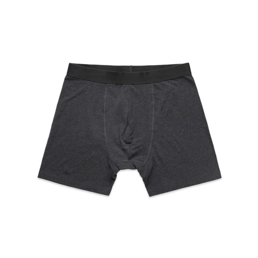 A pair of grey trunks with a black waistband. The fabric appears soft and stretchy.