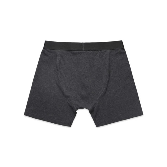 A pair of dark grey trunks with an elastic waistband, featuring a simple design and no visible branding.