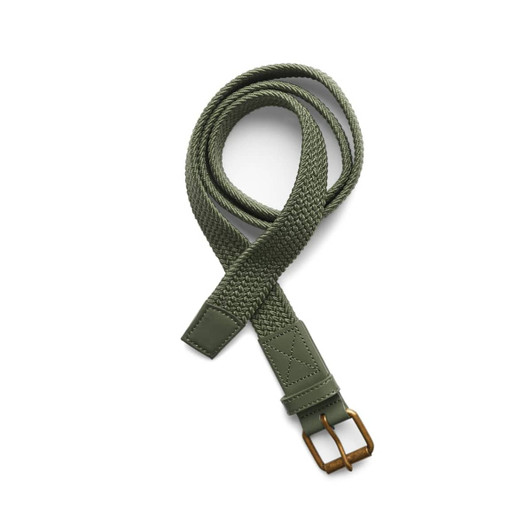 A woven green mesh belt with a brown metallic buckle and leather accents. Features a logo on the buckle.