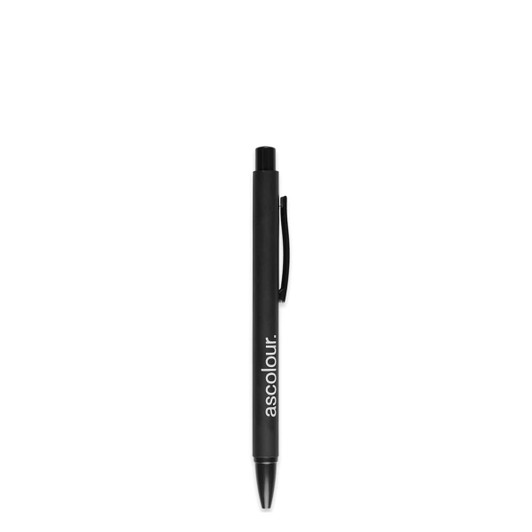 A black plastic pen featuring a logo, designed for writing purposes.