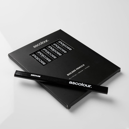 A black box containing a 10 pack of grey-lead builders pencils, with one pencil displayed on top.