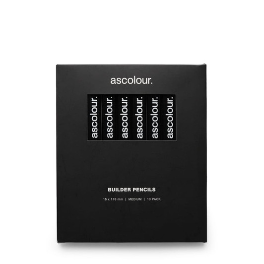 A black packaging featuring a 10 pack of medium grey-lead builder pencils. The packaging includes a logo.