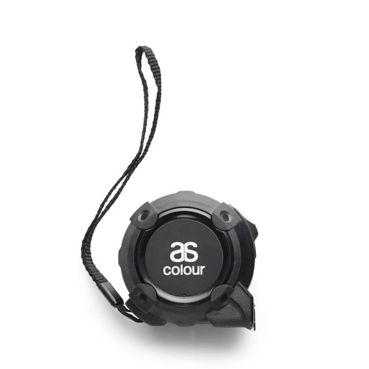 A black tape measure with a wrist strap, featuring a circular design and a branding logo on the front.